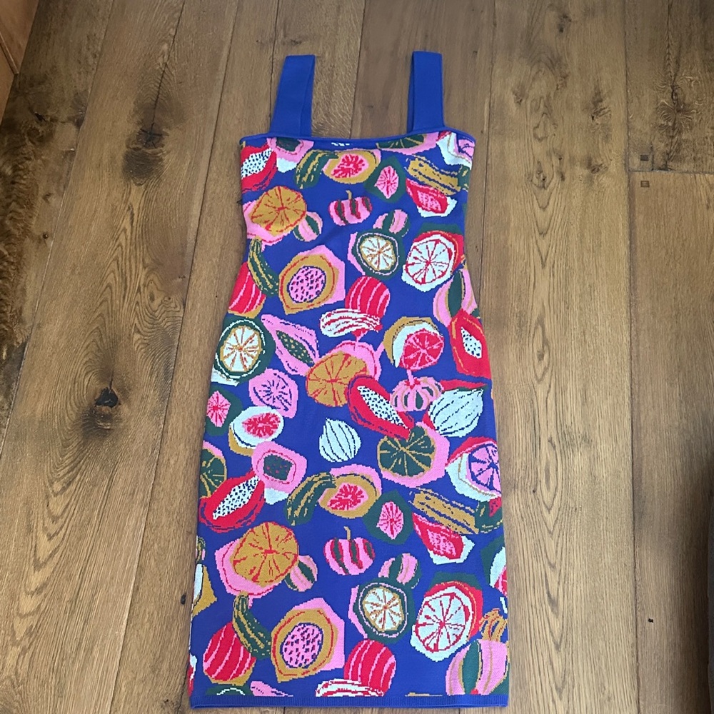 FARM Rio Blue Midi Dress with Fruit Patterns